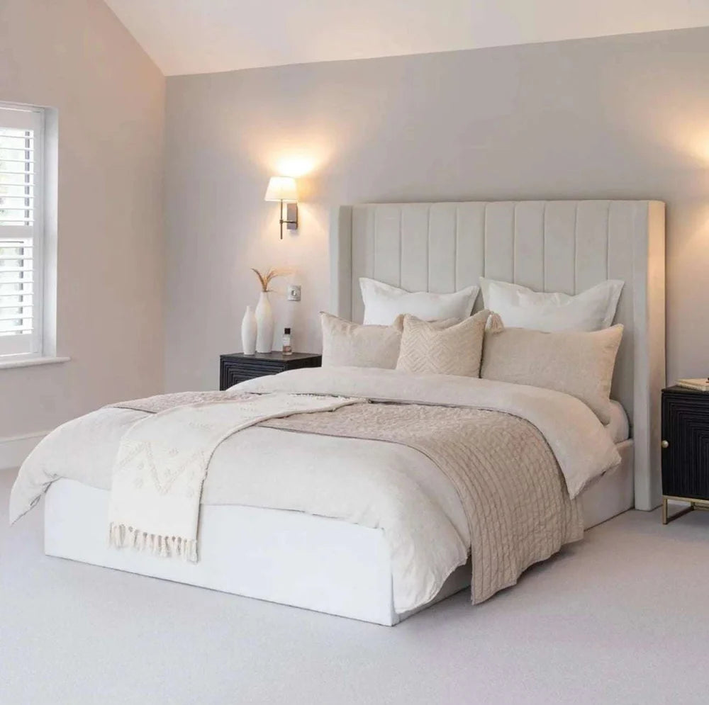 The Chelsea Cream Velvet Bed Frame – Modern Upholstered Bed with Tall Headboard, Luxury Cream Velvet Bed UK