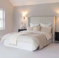 The Chelsea Cream Velvet Bed Frame – Modern Upholstered Bed with Tall Headboard, Luxury Cream Velvet Bed UK