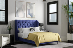 The Windsor Sapphire Velvet Wingback Upholstered Bed with Button-Tufted Headboard – Luxury Blue Velvet Bed Frame UK”