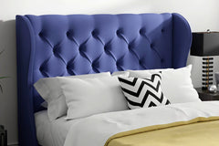 The Windsor Sapphire Velvet Wingback Upholstered Bed with Button-Tufted Headboard – Luxury Blue Velvet Bed Frame UK”