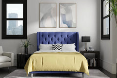 The Windsor Sapphire Velvet Wingback Upholstered Bed with Button-Tufted Headboard – Luxury Blue Velvet Bed Frame UK”