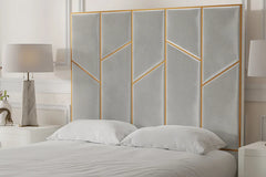 “The Monaco Noir Designer Bed – Grey Velvet Upholstered Bed Frame with Gold Panel Headboard, Modern Luxury Bed UK”