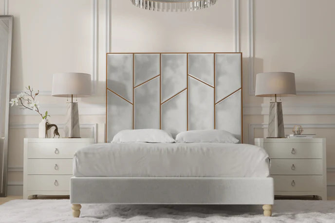 “The Monaco Noir Designer Bed – Grey Velvet Upholstered Bed Frame with Gold Panel Headboard, Modern Luxury Bed UK”