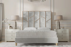 “The Monaco Noir Designer Bed – Grey Velvet Upholstered Bed Frame with Gold Panel Headboard, Modern Luxury Bed UK”