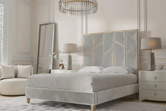 “The Monaco Noir Designer Bed – Grey Velvet Upholstered Bed Frame with Gold Panel Headboard, Modern Luxury Bed UK”