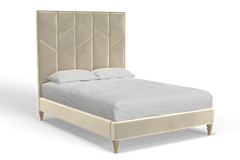 “The Monaco Noir Designer Bed – Grey Velvet Upholstered Bed Frame with Gold Panel Headboard, Modern Luxury Bed UK”