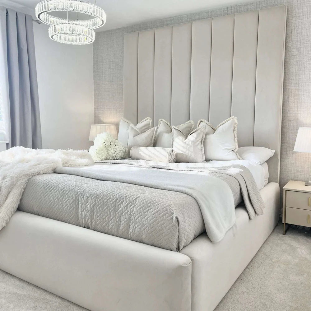 luxury bed frame, upholstered bed, velvet bed frame, tall headboard bed, modern bed frame, designer bed, plush velvet upholstery, floor standing headboard, silver grey bed, king size bed, super king bed, luxury bedroom furniture, hotel style bed, elegant interior design, handcrafted bed
