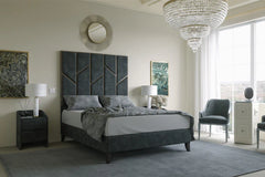 “The Monaco Noir Designer Bed – Grey Velvet Upholstered Bed Frame with Gold Panel Headboard, Modern Luxury Bed UK”