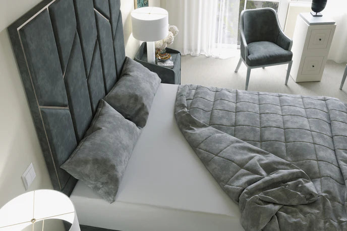 “The Monaco Noir Designer Bed – Grey Velvet Upholstered Bed Frame with Gold Panel Headboard, Modern Luxury Bed UK”