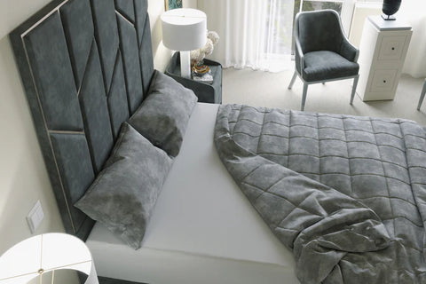 “The Monaco Noir Designer Bed – Grey Velvet Upholstered Bed Frame with Gold Panel Headboard, Modern Luxury Bed UK”