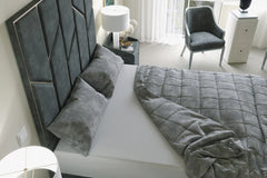 “The Monaco Noir Designer Bed – Grey Velvet Upholstered Bed Frame with Gold Panel Headboard, Modern Luxury Bed UK”