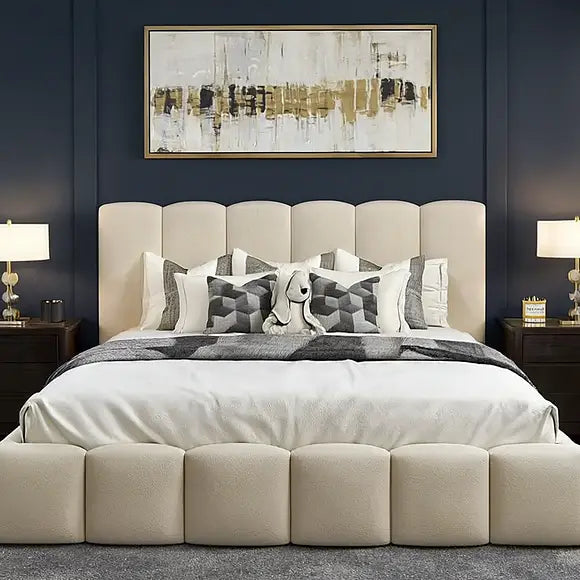 belgravia bed, rounded upholstered bed, curved bed frame, cream upholstered bed, luxury bed frame UK, modern designer bed, velvet curved bed, soft fabric bed UK, luxury bedroom furniture, curved headboard bed UK