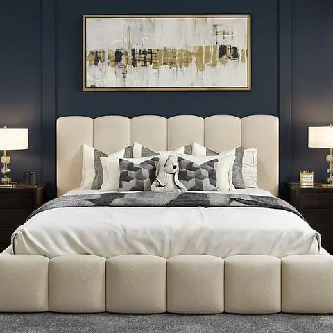 belgravia bed, rounded upholstered bed, curved bed frame, cream upholstered bed, luxury bed frame UK, modern designer bed, velvet curved bed, soft fabric bed UK, luxury bedroom furniture, curved headboard bed UK