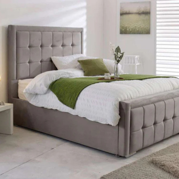 The Monaco Charcoal Velvet Bed – Modern Dark Grey Panel Upholstered Bed Frame with Tall Headboard