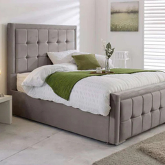 The Monaco Charcoal Velvet Bed – Modern Dark Grey Panel Upholstered Bed Frame with Tall Headboard