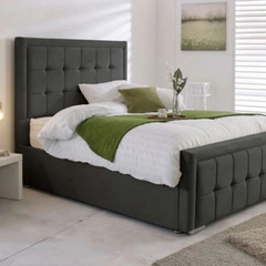 The Monaco Charcoal Velvet Bed – Modern Dark Grey Panel Upholstered Bed Frame with Tall Headboard