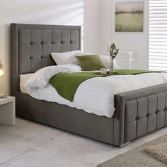 The Monaco Charcoal Velvet Bed – Modern Dark Grey Panel Upholstered Bed Frame with Tall Headboard