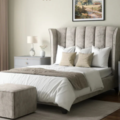 The Oxford Winged Upholstered Bed Frame – Luxury Beige Velvet Bed with High Headboard, Modern Wingback Bed UK