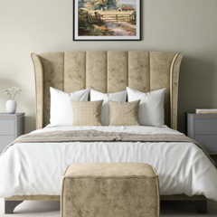 The Oxford Winged Upholstered Bed Frame – Luxury Beige Velvet Bed with High Headboard, Modern Wingback Bed UK