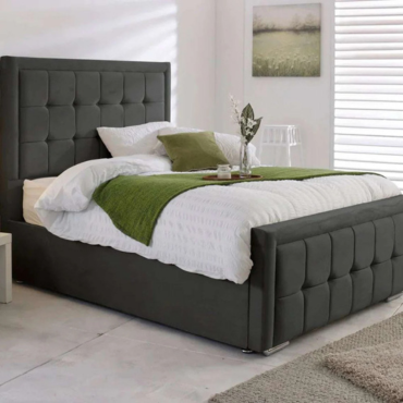 The Monaco Charcoal Velvet Bed – Modern Dark Grey Panel Upholstered Bed Frame with Tall Headboard