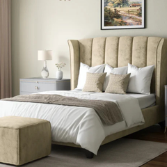 The Oxford Winged Upholstered Bed Frame – Luxury Beige Velvet Bed with High Headboard, Modern Wingback Bed UK