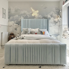 “The Elara Cream Velvet Bed – Modern Upholstered Bed Frame with Tall Headboard, Luxury Cream Velvet Bed UK”