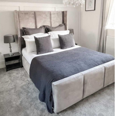 The Victoria Wingback Velvet Bed – Luxury Tall Upholstered Winged Bed Frame in Soft Velvet Finish