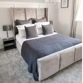 The Victoria Wingback Velvet Bed – Luxury Tall Upholstered Winged Bed Frame in Soft Velvet Finish
