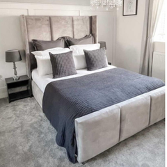 The Victoria Wingback Velvet Bed – Luxury Tall Upholstered Winged Bed Frame in Soft Velvet Finish