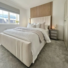 “The Elara Cream Velvet Bed – Modern Upholstered Bed Frame with Tall Headboard, Luxury Cream Velvet Bed UK”