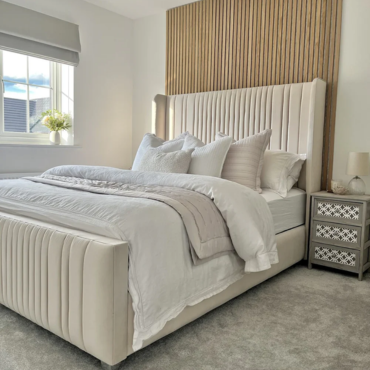 “The Elara Cream Velvet Bed – Modern Upholstered Bed Frame with Tall Headboard, Luxury Cream Velvet Bed UK”
