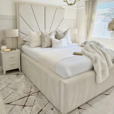 The Milan Luxe Bed – Cream Upholstered with Gold Trim
