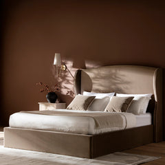 Hearthside Wing Upholstered Bed – Black Velvet Wingback Bed Frame in Bedroom Setting

Side view of Hearthside Upholstered Bed showing curved headboard design

Close-up of plush velvet upholstery on Hearthside Bed headboard

Full bedroom view featuring Hearthside Wingback Bed with modern décor