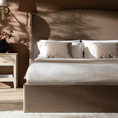 Hearthside Wing Upholstered Bed – Black Velvet Wingback Bed Frame in Bedroom Setting

Side view of Hearthside Upholstered Bed showing curved headboard design

Close-up of plush velvet upholstery on Hearthside Bed headboard

Full bedroom view featuring Hearthside Wingback Bed with modern décor