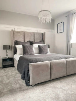 The Victoria Wingback Velvet Bed – Luxury Tall Upholstered Winged Bed Frame in Soft Velvet Finish