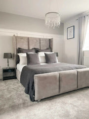 The Victoria Wingback Velvet Bed – Luxury Tall Upholstered Winged Bed Frame in Soft Velvet Finish