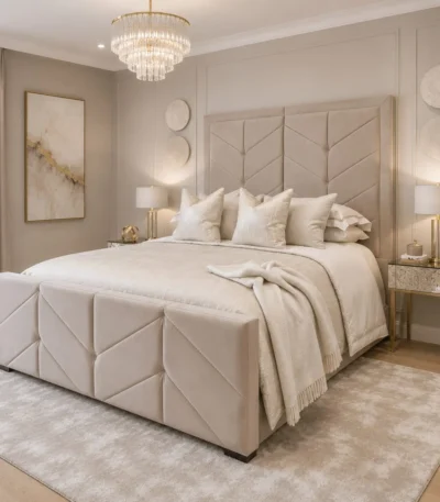 Chevron Ottoman Bed Frame in Plush Velvet - Cream